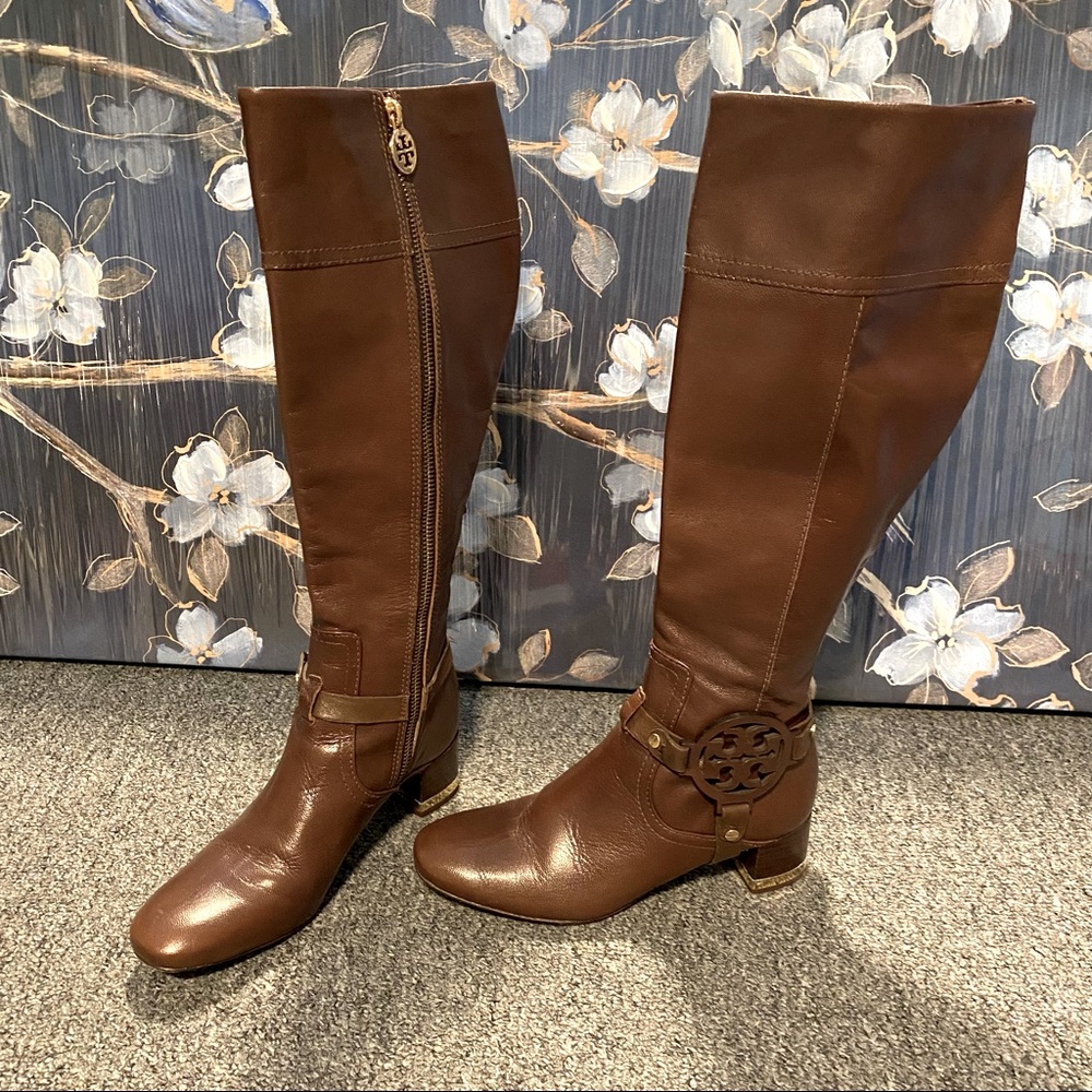 Tory Burch brown leather logo riding boots 5.5
